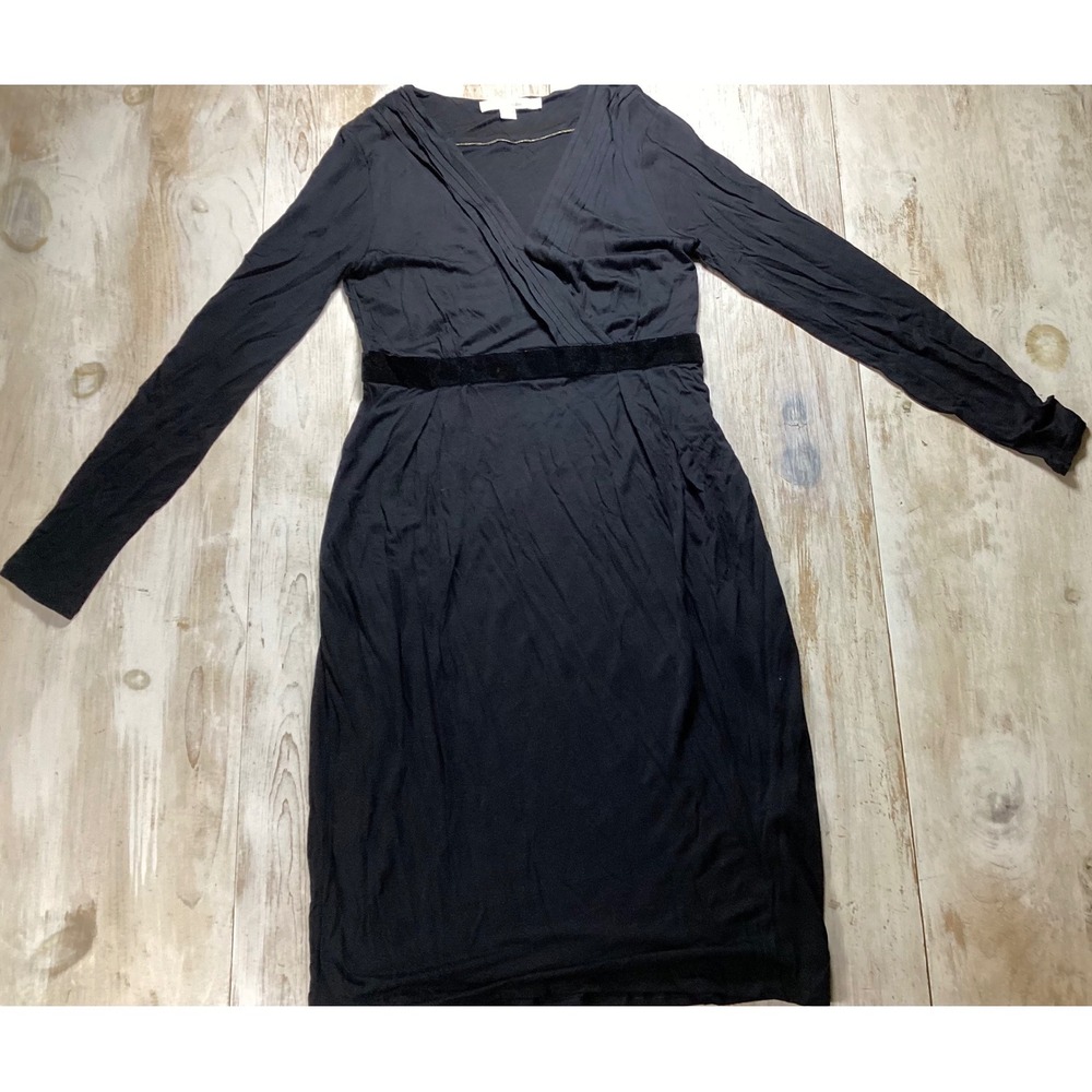 Boden Black Tencel Lyocell Long Sleeve V-Neck Velvet Trim Midi Dress Size 4R